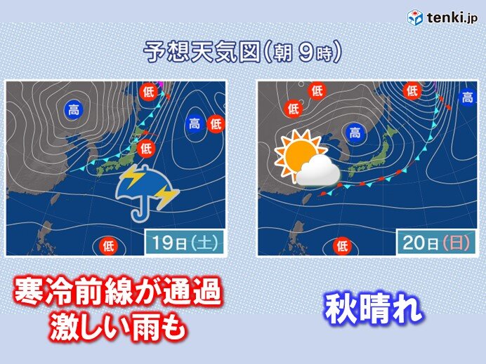 近畿　明日19日の午後は広く雨で激しい雨も　気温は急降下　20日は秋晴れに