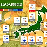 22日　西日本で雨雲広がる　夜は滝のような雨も　東・北日本は日差しで気温上昇