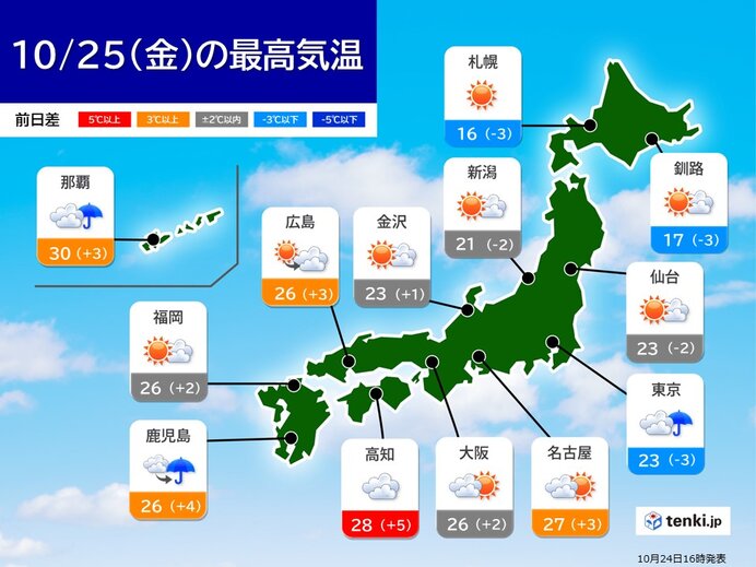 明日25日(金)　太平洋側ほど曇りや雨　関東は夏日解消へ