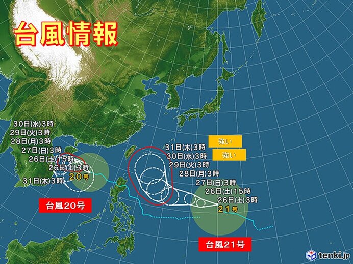 大型の台風21号　発達しながら　進路を次第に北よりへ