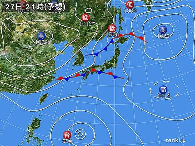 今日27日　全国的に気圧低下