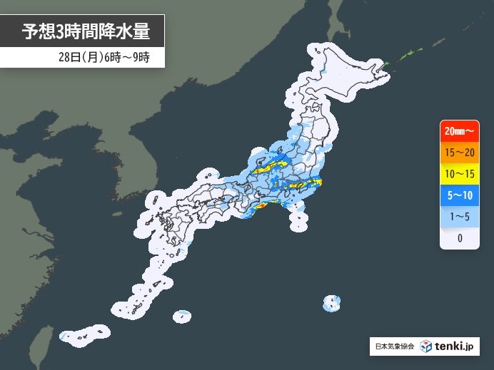 28日　朝は東海や関東で強雨も　日中も所々で雨　沖縄は台風21号の影響　高波注意