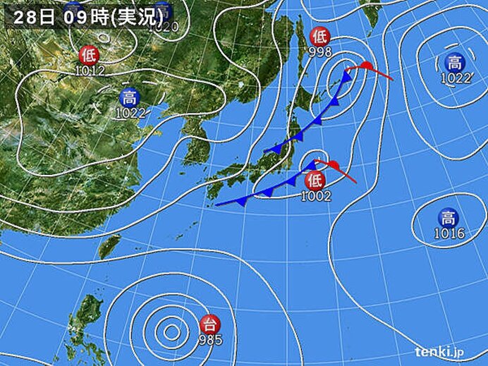 今日28日(月)　北海道～九州は気圧上昇　沖縄の先島諸島は気圧低下