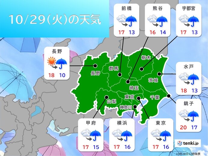 明日29日　日中は11月中旬並みの肌寒さ　夜は冷える