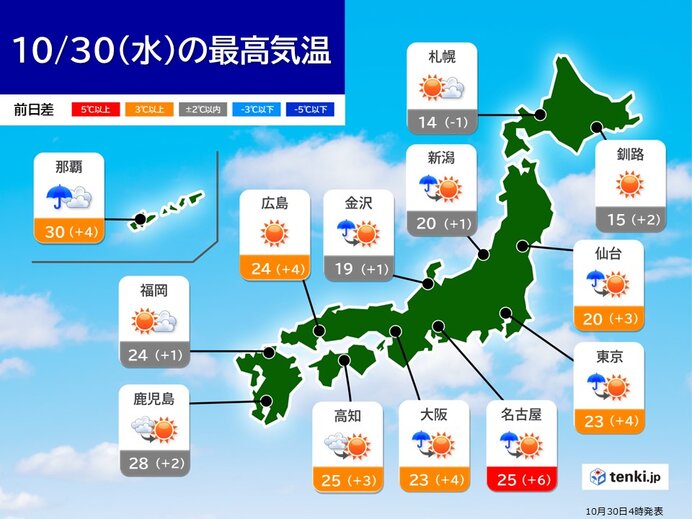 今日30日　日中は西から天気回復へ　関東の雨は朝まで　沖縄は台風の影響で大しけに