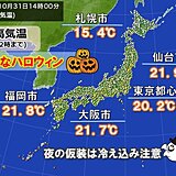 31日ハロウィンの今夜は冷える　3連休の雨の後、週明けは季節前進　初冬の寒さも