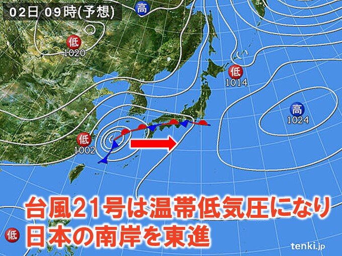 明日2日は低気圧+前線が日本付近を東進