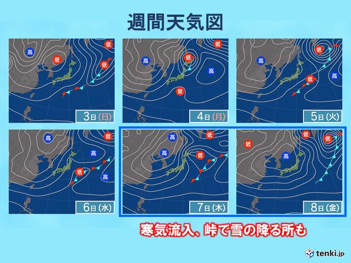 連休明けは寒気流入　標高の高い峠では雪も