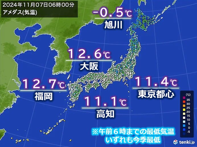 7日立冬　所々で今季最も寒い朝に　日中は冷たい風が強まる　各地の「服装指数」