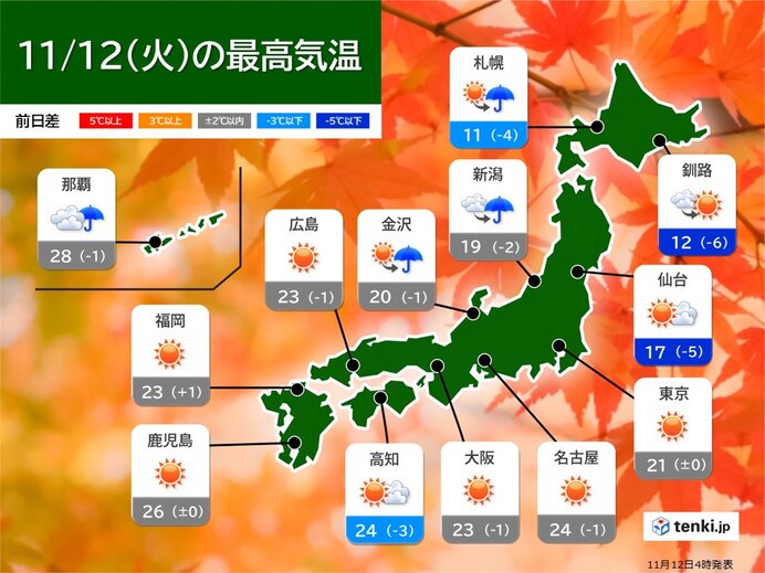 12日　北陸や東北・北海道は天気下り坂　北海道は次第に雪も