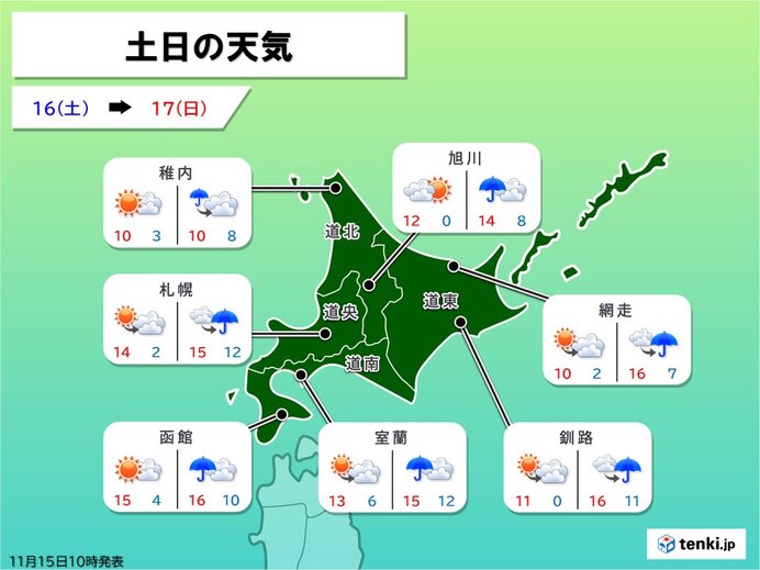 北海道の週末の天気　明日16日は外出日和だが、明後日17日は広く雨に