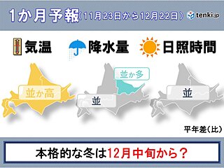 冬本番は12月中旬から　根雪は例年より遅い?　北海道の1か月予報