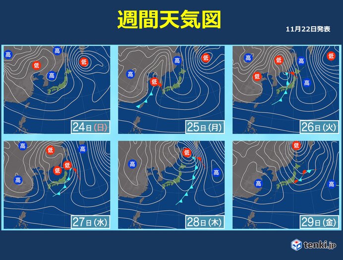 この週末は冬型の気圧配置　26日頃は前線通過