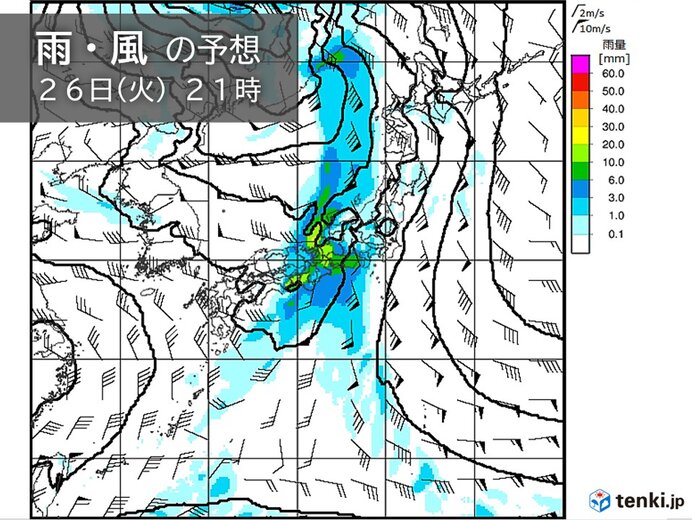 26日～27日　全国的に雨　暖かい南風が強まる　その後　西から寒気流入