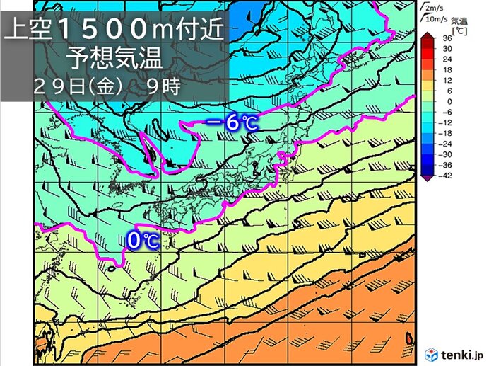 28日から29日「山で雪」の目安の寒気　九州南部まで