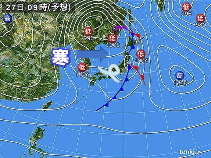 明日27日　西よりの風に変化　次第に寒気流れ込む