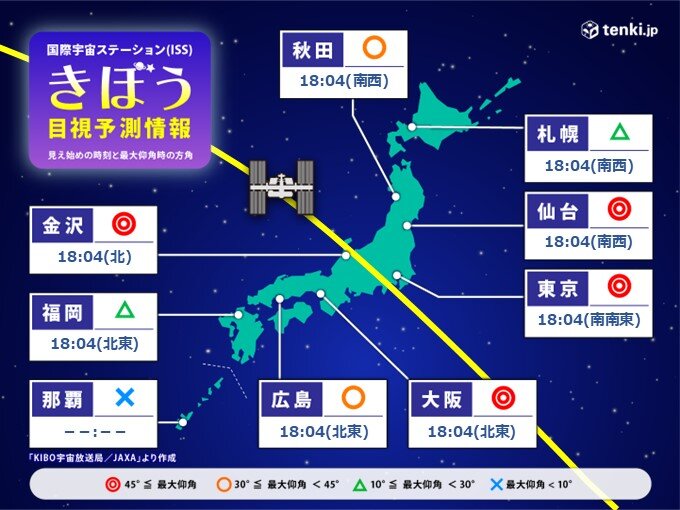 2日夜　国際宇宙ステーションISS「きぼう」を見られるチャンス　各地の天気は?