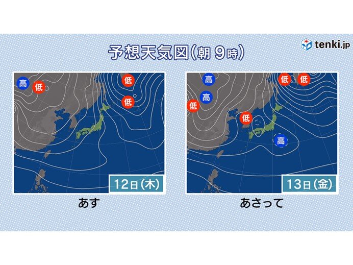 明日12日(木)の日中は雨や雪の所は少なくなるが13日(金)は日本海側で広く雨や雪に