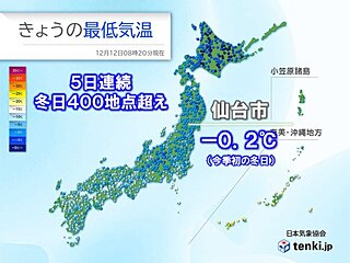 12日朝は仙台市で今季初の冬日　全国的に冷え込み強く　日中も各地で寒さ厳しく