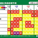 高速道路の気象影響予測　14日は大雪で影響エリア拡大　路面凍結・車の立往生に注意