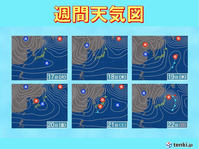 22日(日)頃から冬型の気圧配置が強まる