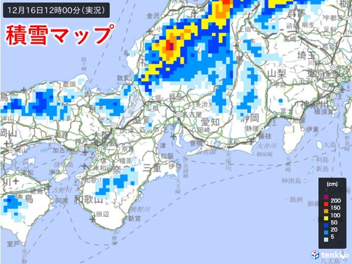 積雪急増　今日16日正午現在の積雪の深さ