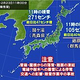 積雪急増　酸ケ湯で全国今季初2メートル50センチ超　藤原で関東今季初1メートル超