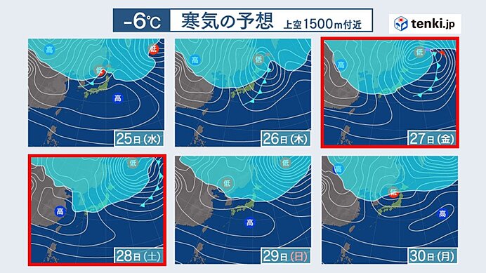 27日(金)～28日(土)　再び強烈な寒気　警報級の大雪のおそれ