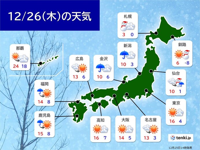 明日26日(木)　寒気は一時的に北上　日本海側は雪ではなく雨の所も