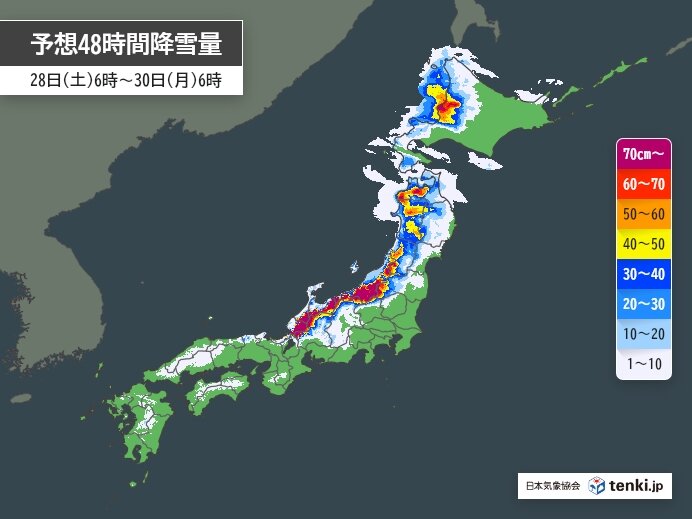 予想降雪量(30日午前6時まで)