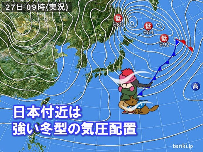 今日27日(金)　強い冬型の気圧配置で季節風が強まる