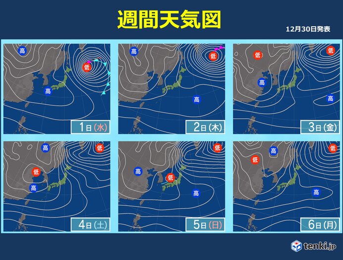 31日～1月6日　北日本中心に雪の日多い　特に大晦日・元日は雪や風が強まる