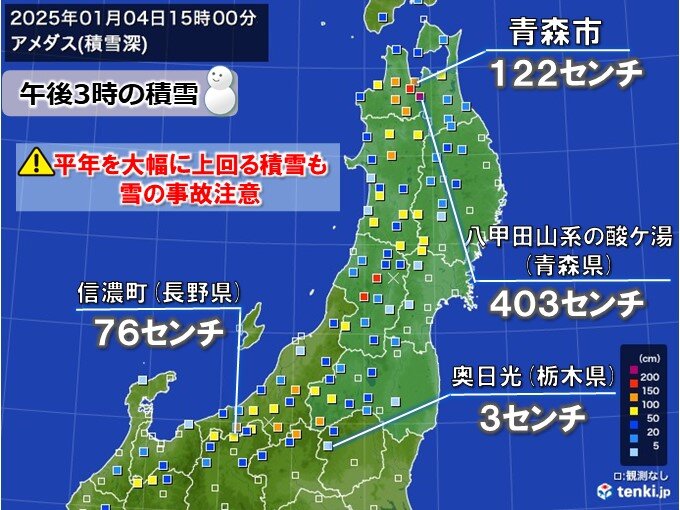 年末年始の寒波で北日本や北陸で積雪急増　平年の3倍以上も