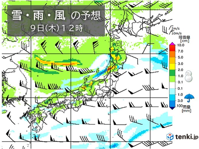 1週目(7日～13日)　冬の天気分布　9日頃は雪と風が強まる