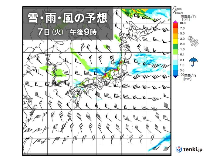 明日7日(火)～8日(水)　西日本太平洋側の平地でも積雪になる所も