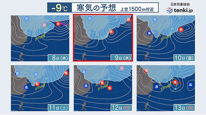 9日(木)　一段と強い寒気が流れ込む　警報級の大雪や高波のおそれ