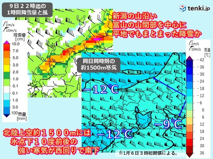 9日～上空約1500mに氷点下9度以下の強い寒気が流れ込む