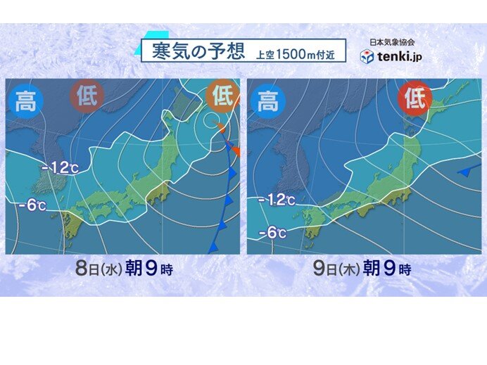 9日(木)の朝には中国地方の上空にマイナス12℃以下の寒気流入