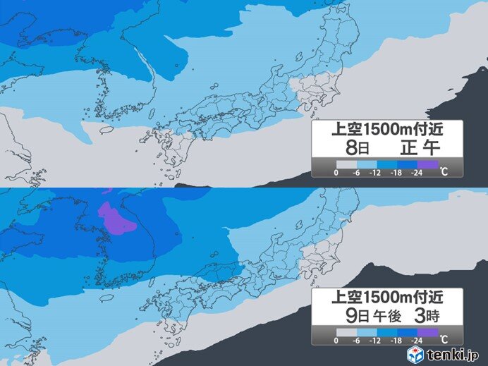 上空1500メートル付近に-12℃以下の強烈寒気