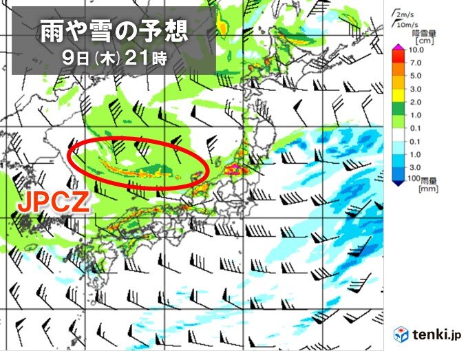 JPCZ(日本海寒帯気団収束帯)の雪雲が北陸方面へ