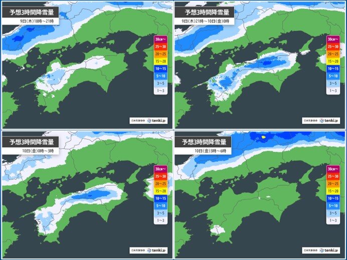 9日夜は第に広い範囲で雪に　雪のピークは9日夜遅く