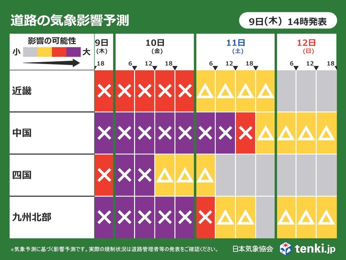 明日10日にかけて　西日本で交通影響リスク大