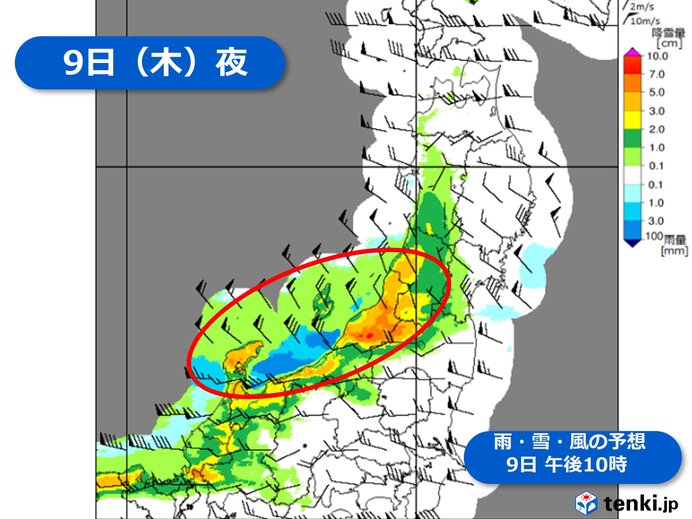 9日夜間は山形県を中心にさらなる大雪に