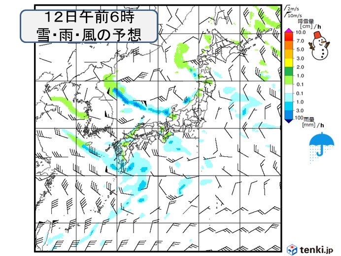 明日12日は九州は大雪のおそれ　13日は北陸付近に発達した雪雲かかる