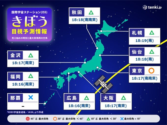 今日18時過ぎ　都心など関東で国際宇宙ステーション(ISS)きぼうを見るチャンス