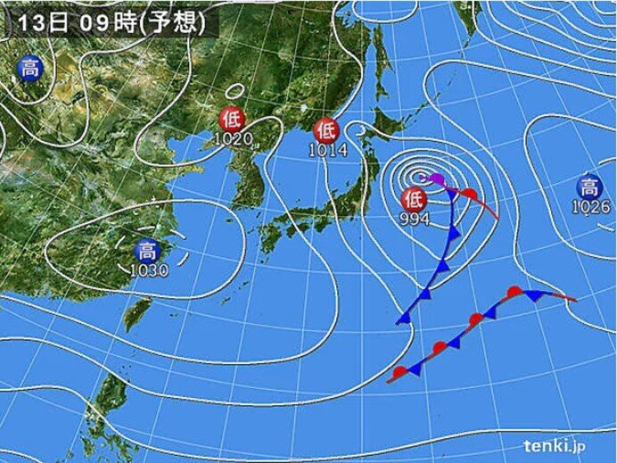 明日13日　北陸付近は竜巻などの激しい突風・雹(ひょう)に注意