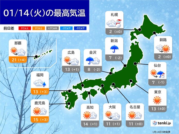 今日14日　日本海側は雨や雪　山沿いで雪が強まる　雪崩や落雪に注意