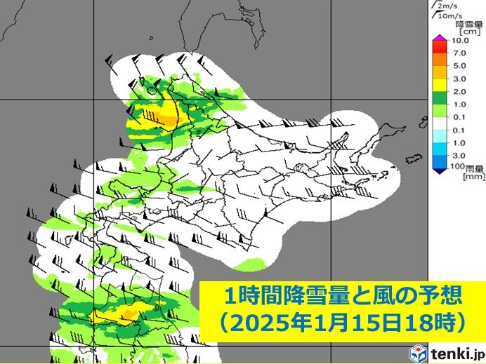 明日(15日)にかけて雪の降り方や西よりの風が強まる