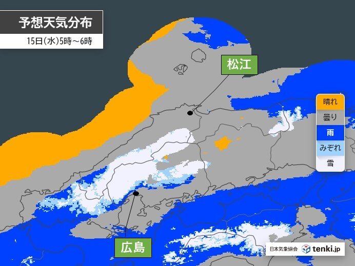 明日15日明け方にかけて雨や雪で雷を伴う