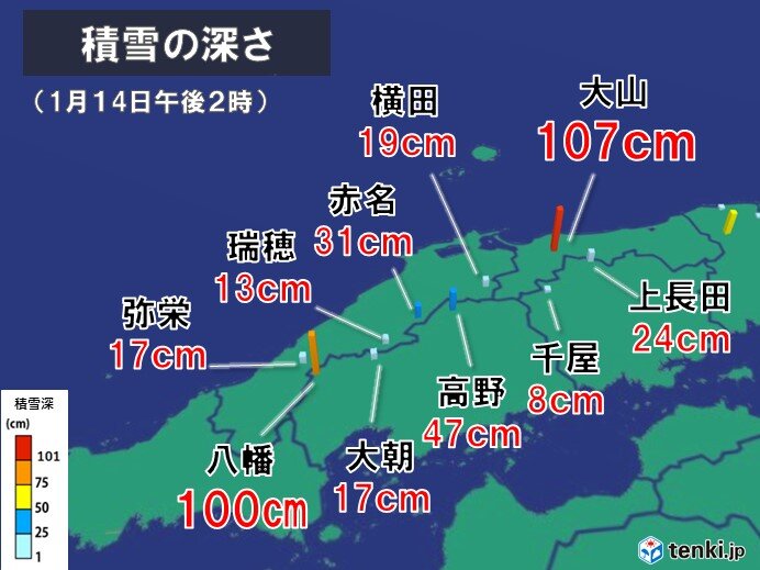 山地の積雪の多い所では　雪崩に注意